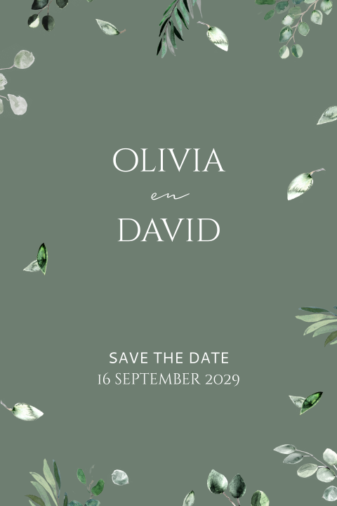 Save the Date met eucalyptus blaadjes