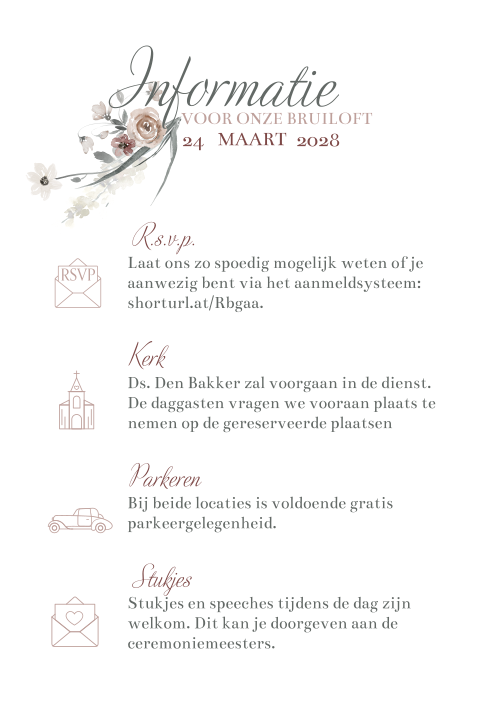 Extra kaartje bij trouwkaart met bloemen