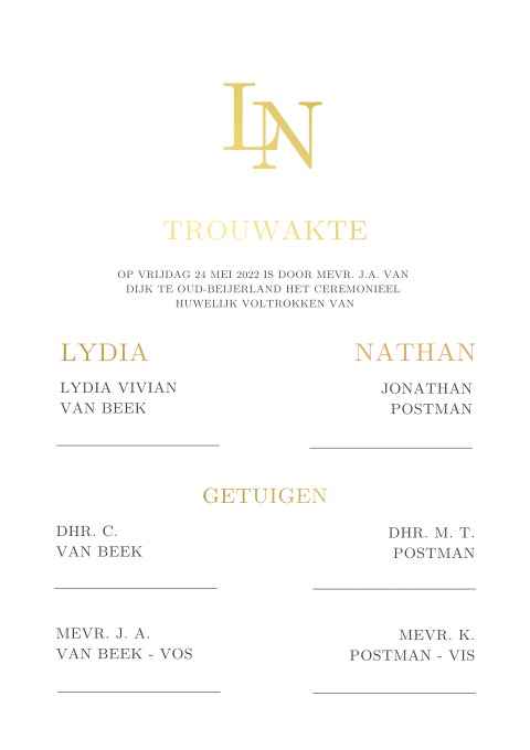 Klassieke trouwakte bruiloft met goudfolie