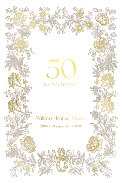 Kaart 50 jaar getrouwd met goudfolie en bloemen