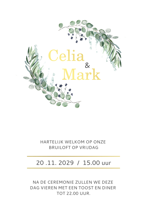 Trouwkaart goudfolie met eucalyptus takjes