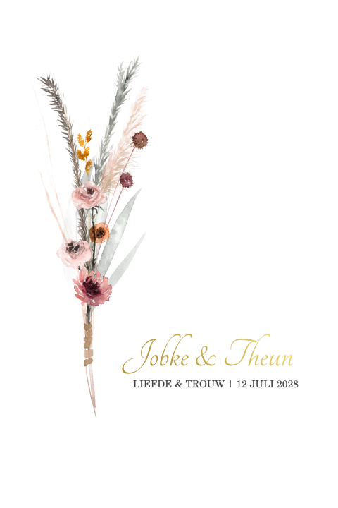 Trouwkaart met boeketje droogbloemen en goudfolie