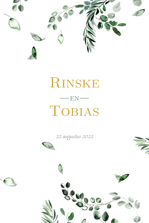 Trouwkaart met eucalyptus blaadjes en goudlook