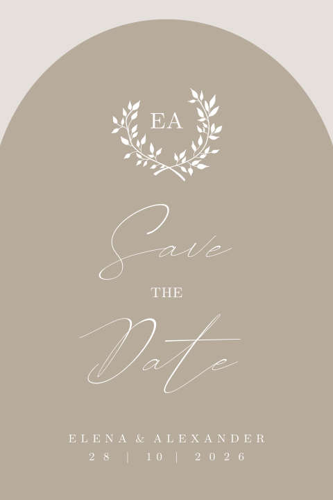 Stijlvolle Save the Date kaart met kransje en boog