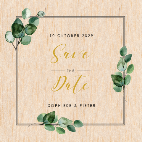 Botanische houten Save the Date met eucalyptus