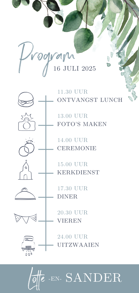 Dagprogrammakaart met blaadjes en fotolijst
