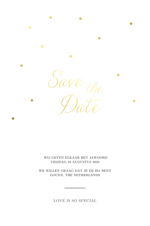 Stijlvolle Save the Date met goudfolie en stippen