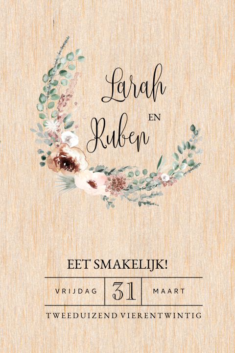 Vintage menukaart van hout met bloemenkrans