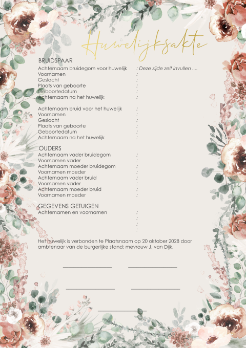 Romantische trouwakte met bloemen en goudfolie
