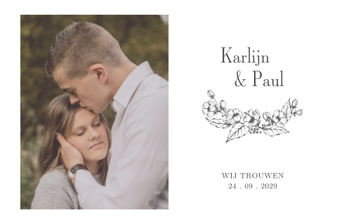 Trouwkaart met foto en getekende bloemen