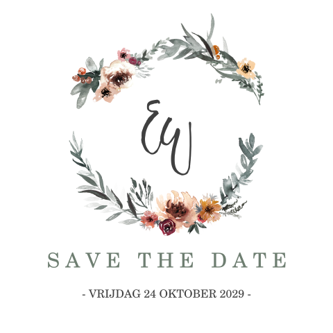 Save the Date met takjes in bloemen in roest tinten