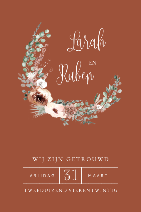 Wij zijn getrouwd kaart met bloemen in bohemian stijl