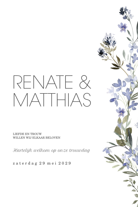Chique trouwkaart met blauwe bloemen