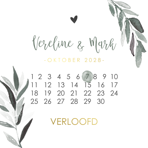 Verlovingskaart met goudfolie en kalender