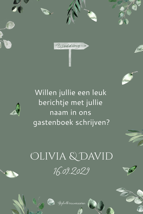 Bordje bij gastenboek met eucalyptusblaadjes