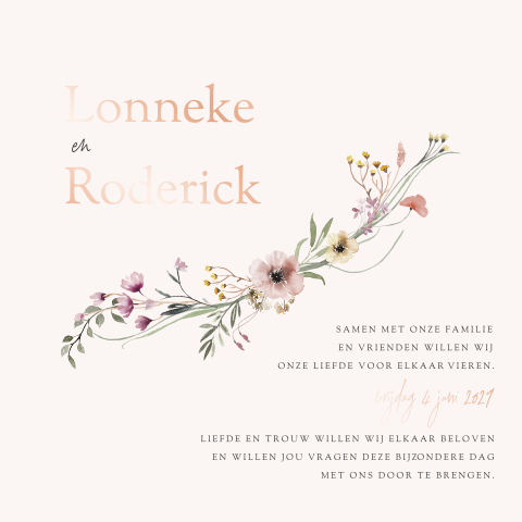 Stijlvolle trouwkaart met roze bloemen