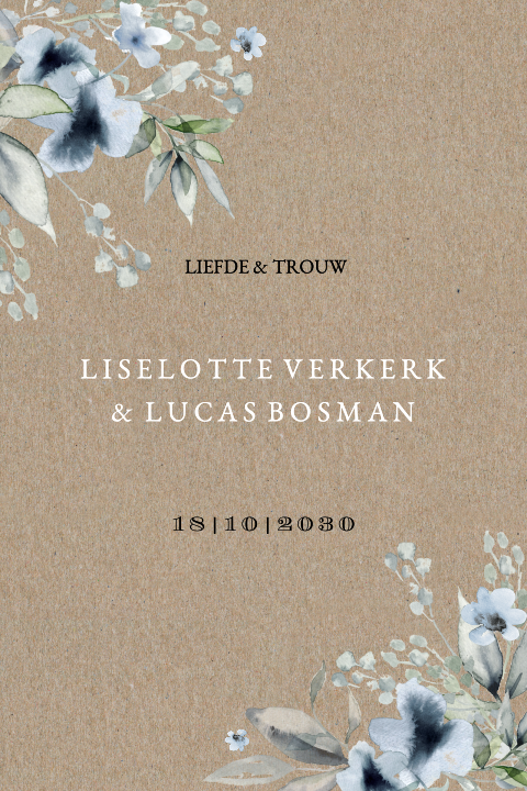Vintage kraft trouwkaart met blauwe bloemen