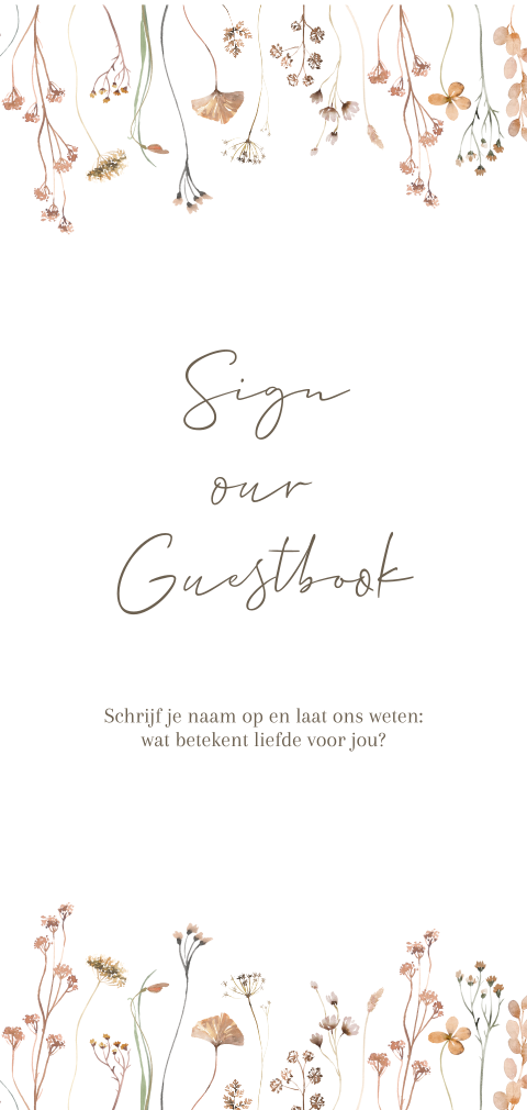 Informatiebordje met bloemen bij gastenboek