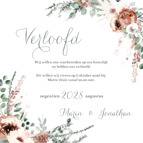 Verlovingskaart thema Boho Chic met veel bloemen