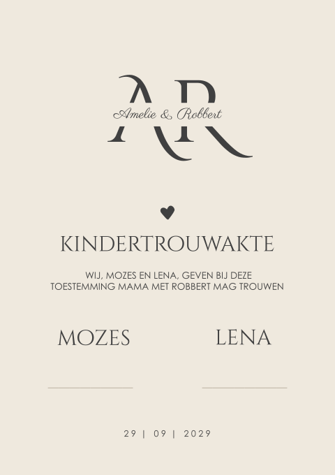 Bruiloft trouwakte kind in beige 