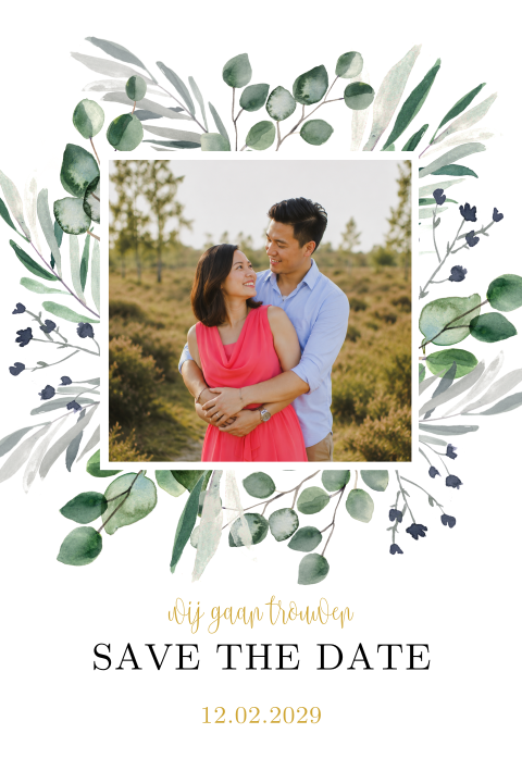 Save the Date kaart met foto en eucalyptus