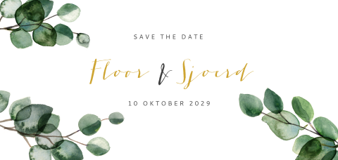 Panorama Save the Date met eucalyptus blaadjes