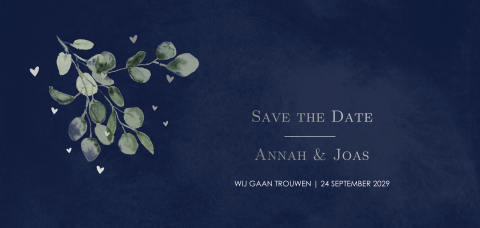 Save the Date kaart met blaadjes en zilverfolie