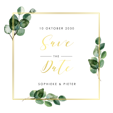 Trendy Save the Date met eucalyptus en goudfolie