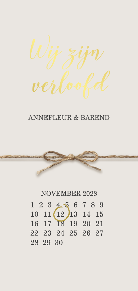 Klassieke verlovingskaart met goudfolie, touwtje en kalender