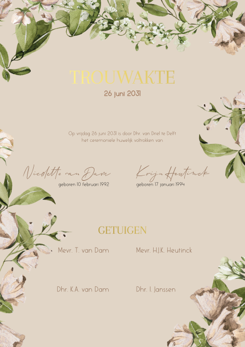 Bloemen trouwakte met goudfolie
