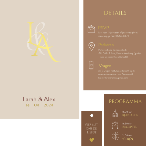 Unieke trouwuitnodiging meerdere kaartje in bruin tinten