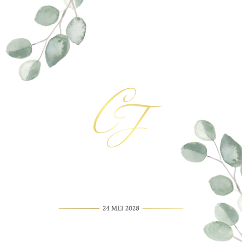 Klassieke trouwkaart met eucalyptus en goudfolie
