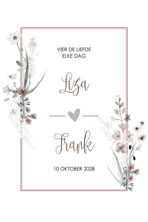Trouwuitnodiging met bloemen in terracotta tinten