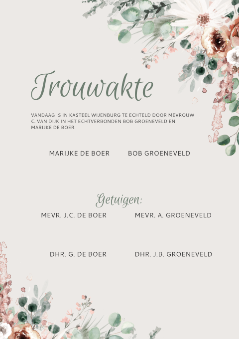 Trouwakte met bloemen en blaadjes bij set: Marijke