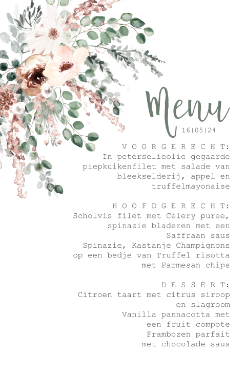 Menukaart bij thema Boho Chic met veel bloemen