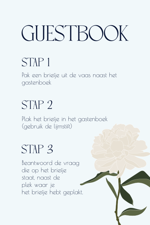 Informatiebordje bij gastenboek met grafische bloemen