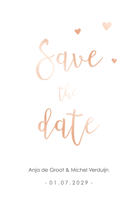 Save the Date met roséfolie en hartjes