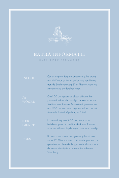 Extra informatiekaartje in blauw bij trouwkaart