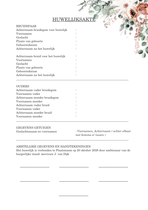 Trouwakte maken bohemian bloemen