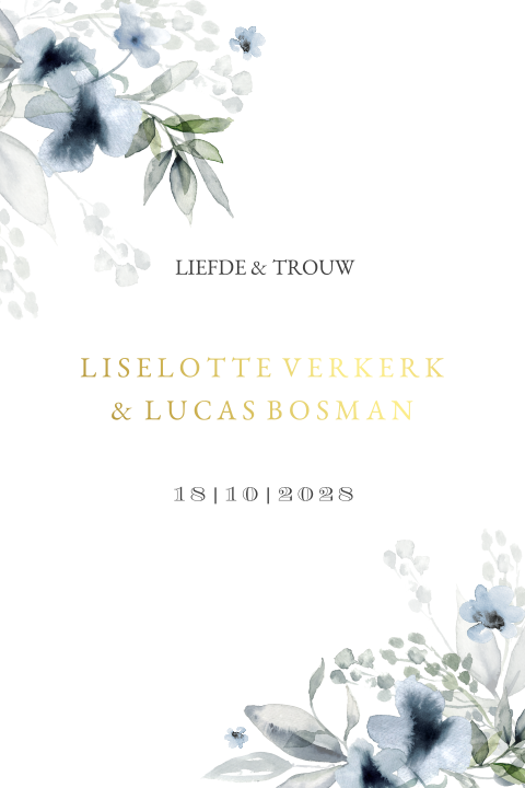 Trouwkaart bloemen met goudfolie blauw