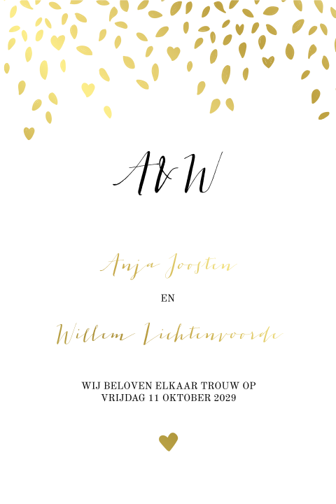 Trouwkaart met vallende blaadjes in goudfolie