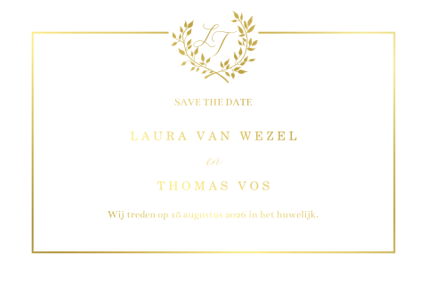 Klassieke Save the Date kaart met goudfolie en kransje