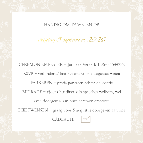 Vierkant extra kaartje bij trouwkaart