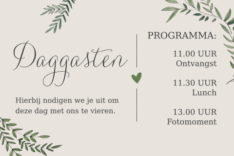 Extra kaartje bij trouwkaart met blaadjes