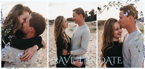 Save the Date met foto's en blauwe bloemetjes