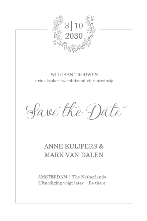 Stijlvollle klassieke Save the Date met lauwerkrans
