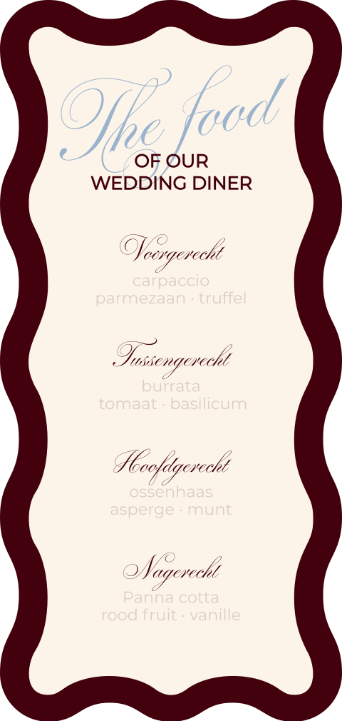 Wiggy menukaart bruiloft in beige en bordeaux