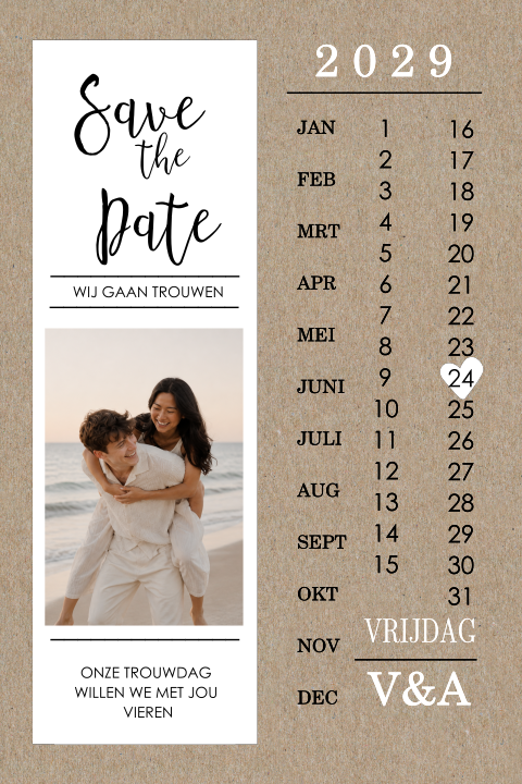 Vintage Save the Date kaart op kraft met kalender en foto