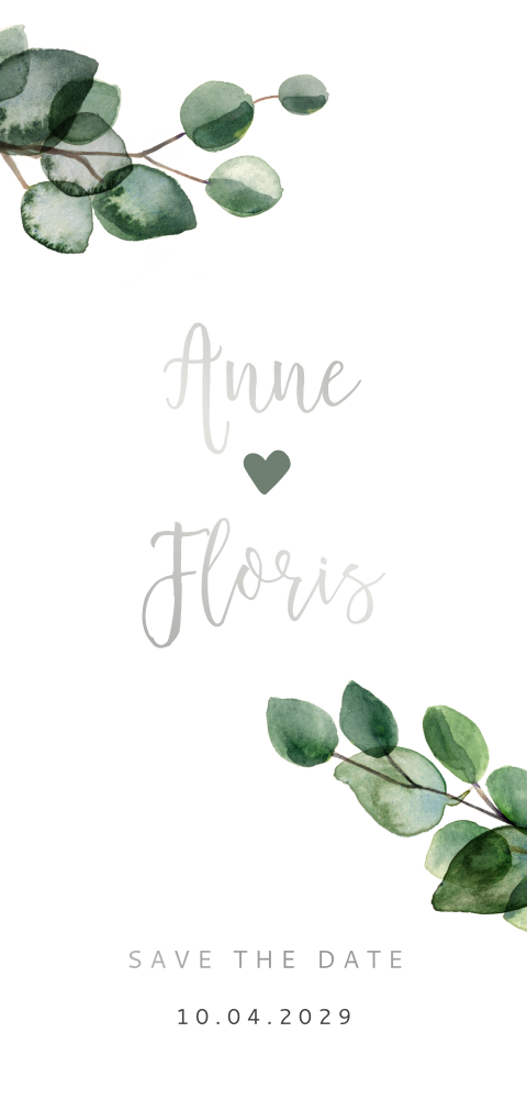 Save the Date met eucalyptus en zilverfolie