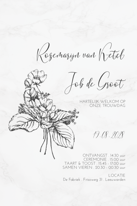 Trouwkaart met boeketje van getekende bloemen en blaadjes